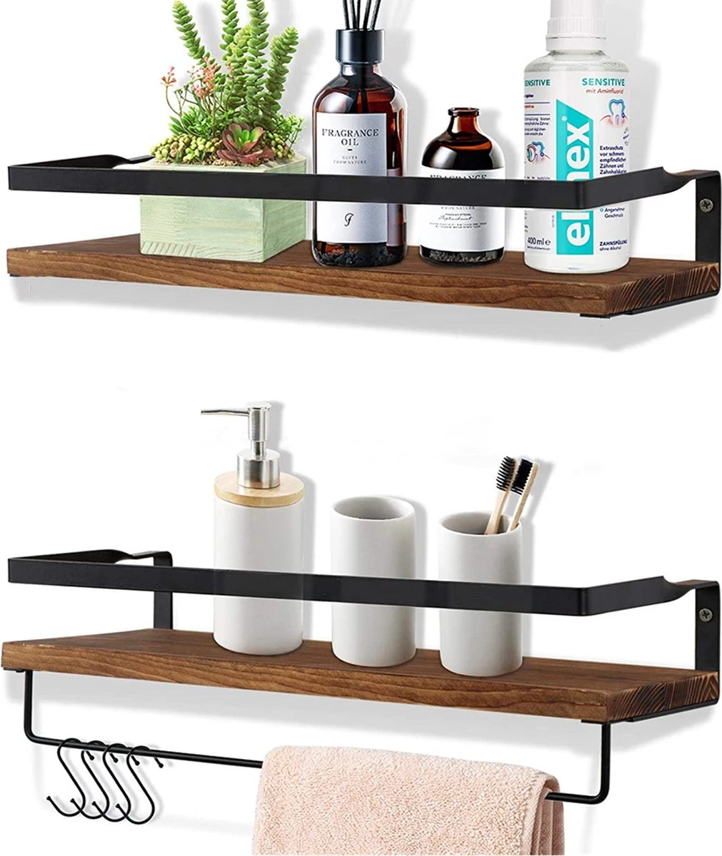 Zwevende Wandplank - 2 Stuks - 40cm - Handdoekhouder En 8 Haakjes - Badkamerplank Decoratieve Muur Opbergplanken Voor Badkamer Slaapkamer, Woonkamer, Keuken Plank