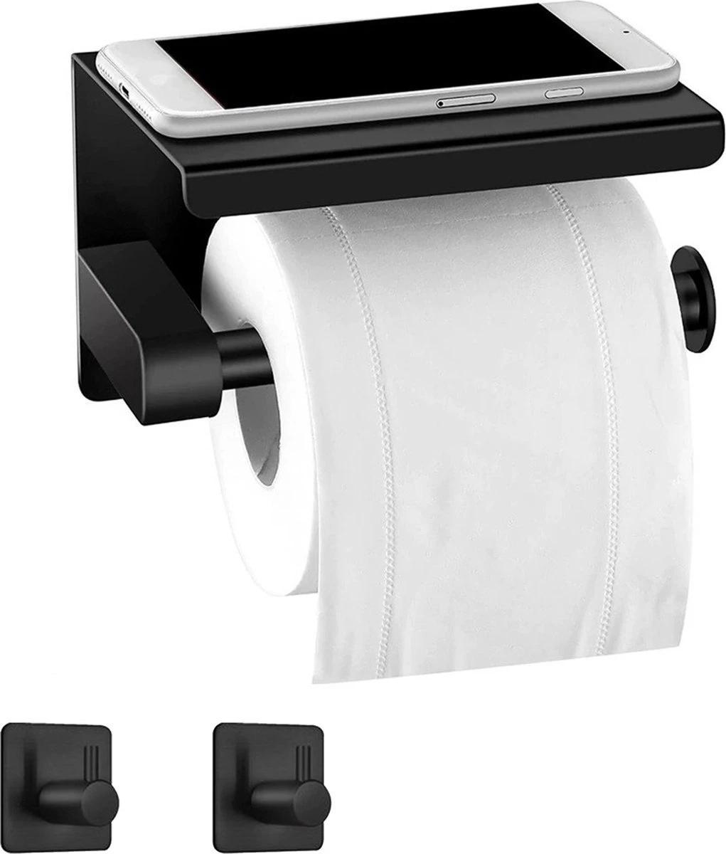 Toiletrolhouder Met Plankje - Zelfklevend Of Boren - WC Rolhouder - Incl. Handdoekhaakjes - Zwart