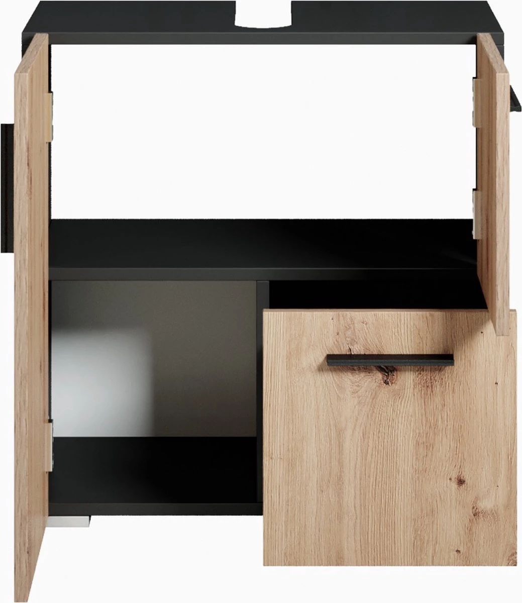 Badplaats Wastafel Onderkast Mars 60 Cm X 30 Cm X 60 Cm - Zwart Met Eiken - Badkamerkast – Staand Wastafelmeubel - Afbeelding 3