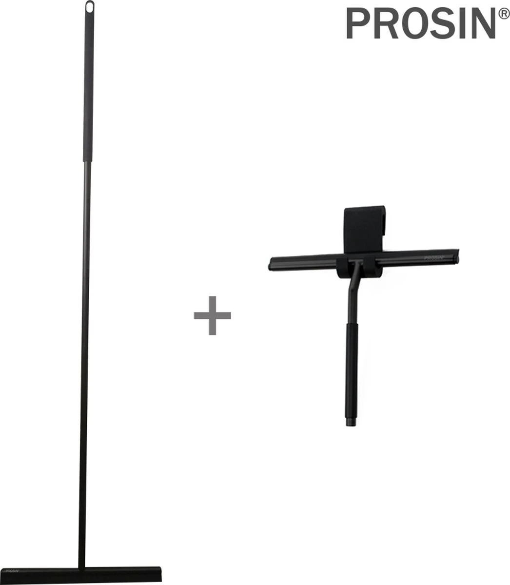 PROSIN - SET VAN VLOER + HANDWISSER - Raamwisser - Vloerwisser - Douchetrekker - Raamtrekker - Wisser - Mat Zwart - Wiper - Squeegee - Bathroom - Vloertrekker - Vloertrekker Met Steel - Floor Wiper - Aftrekker - RVS - Zwart - Design - Wisser