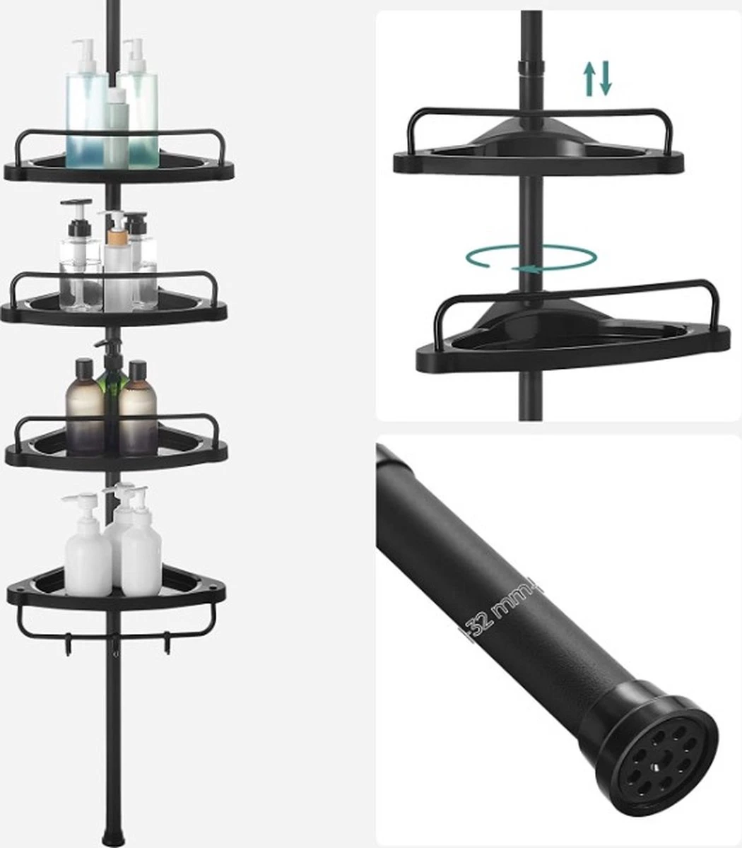 Verstelbaar Doucherek - 85-305 Cm - Van Vloer Tot Plafond - Met 4 Vakken - 3 Haken - Zwart - Afbeelding 8