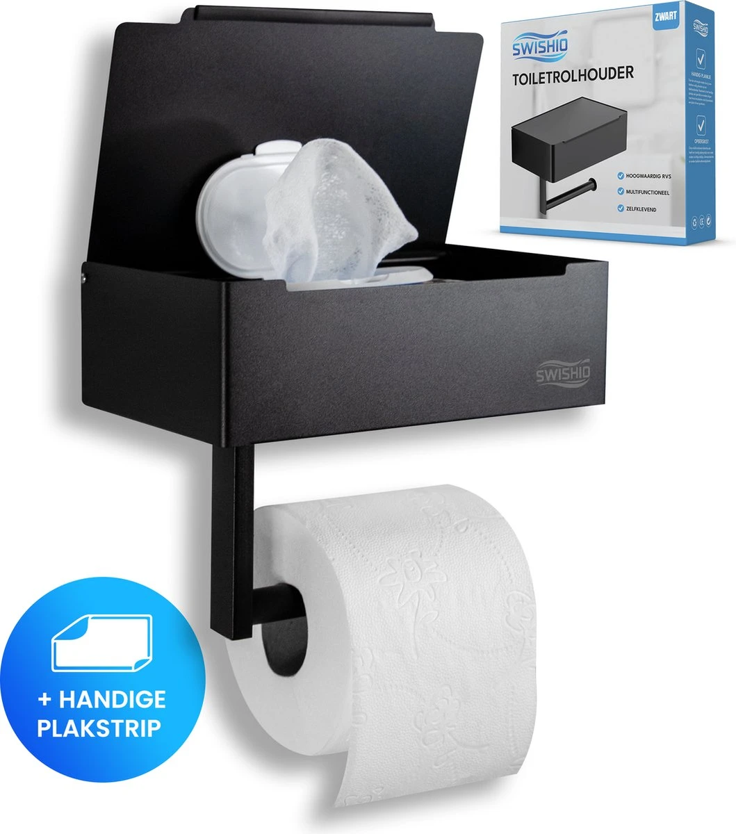 Toiletrolhouder Met Plankje En Bakje - WC Rolhouder Zwart - Opbergvak - Zelfklevend - Zonder Boren - RVS