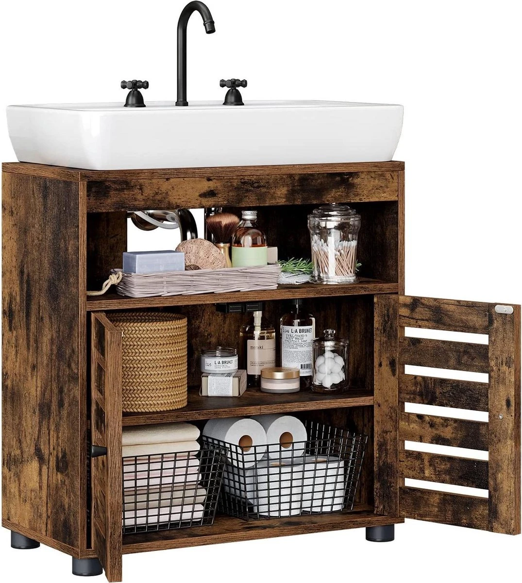 Nancy's Gaboury Badkamermeubel - Wastafelonderkast - Uitsparing - Open Vak - Openslaande Deuren - Industrieel - Bruin - Zwart - Bewerkt Hout - 60 X 30 X 63 Cm - Afbeelding 6