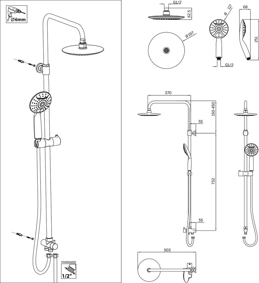Tiger Luvia Doucheset - Regendouche Ø 20 Cm - Handdouche Ø 12 Cm - 2 Standen - Chroom - Afbeelding 6