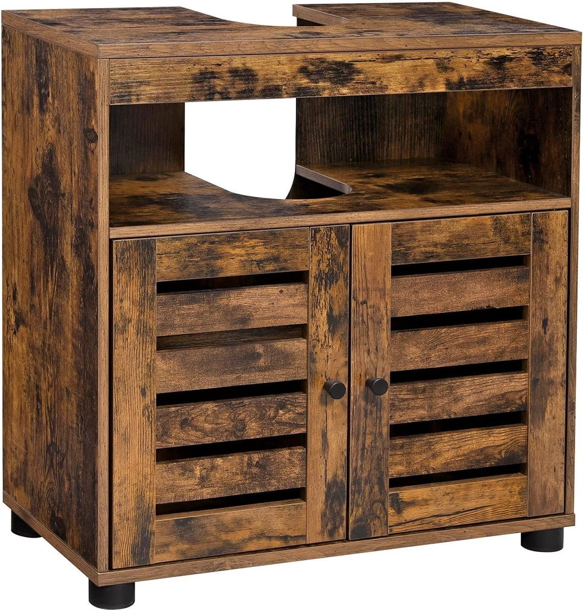 Nancy's Gaboury Badkamermeubel - Wastafelonderkast - Uitsparing - Open Vak - Openslaande Deuren - Industrieel - Bruin - Zwart - Bewerkt Hout - 60 X 30 X 63 Cm