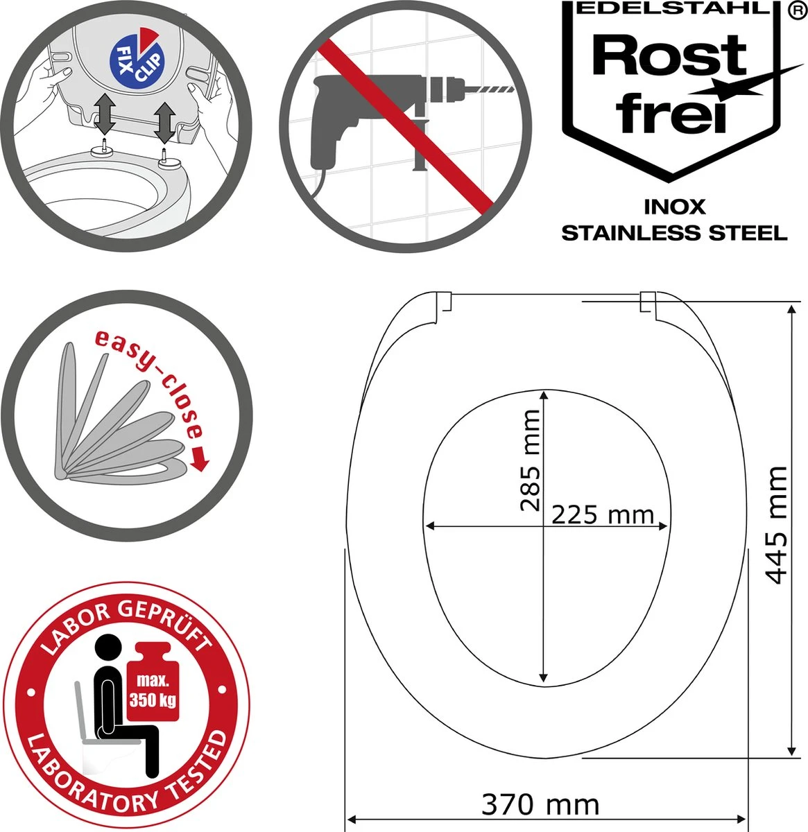 WENKO WC Bril Gubbio - Antibacterieel Wit Duroplast - Easy-Close Sluiting - Fix-Clip Bevestiging In RVS - Belastbaar Tot 350 Kg - Toiletbril - Toiletzitting - Afbeelding 8