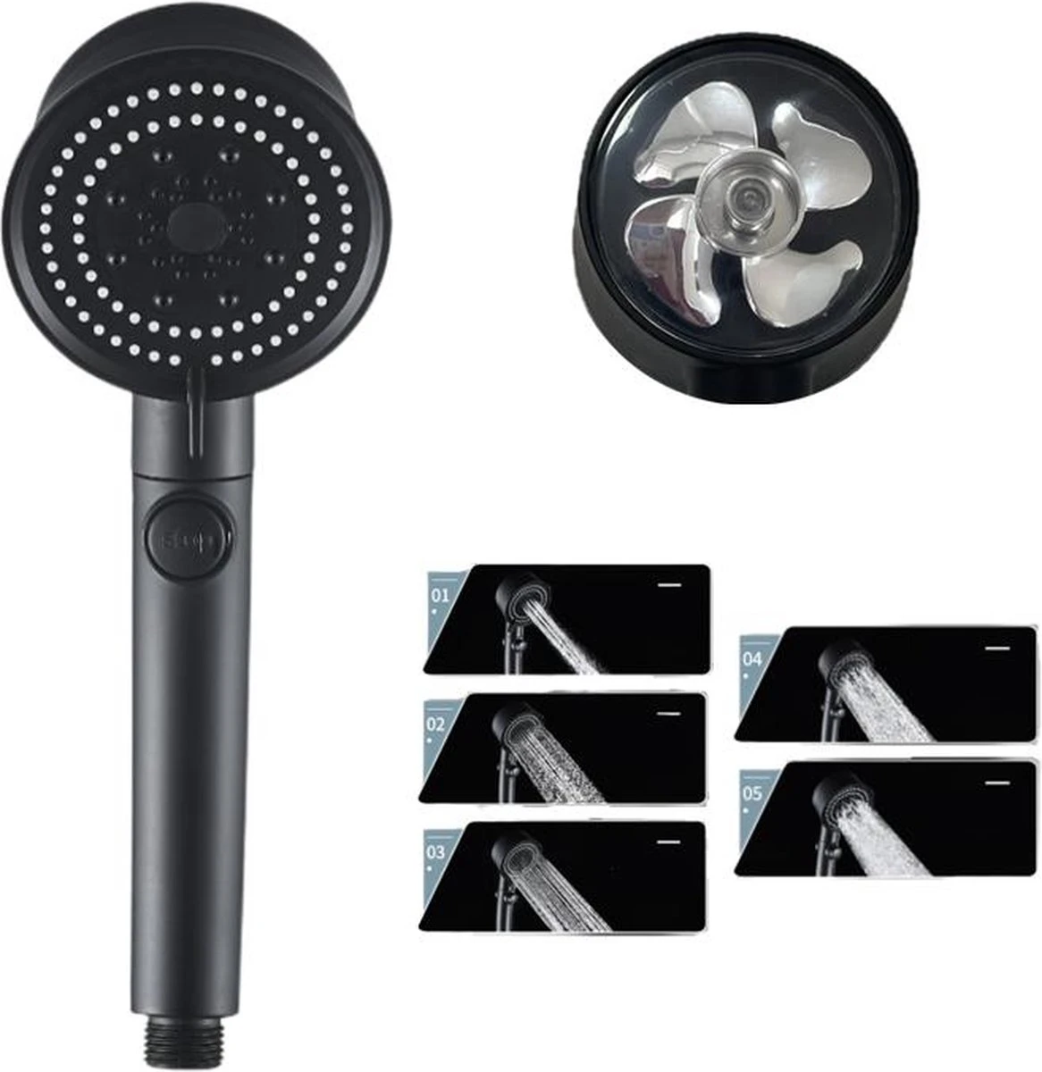 Waterbesparende Douchekop - Hoofddouche - Regendouche - Met ECO STOP Knop - 5 Standen - ABS - Zwart