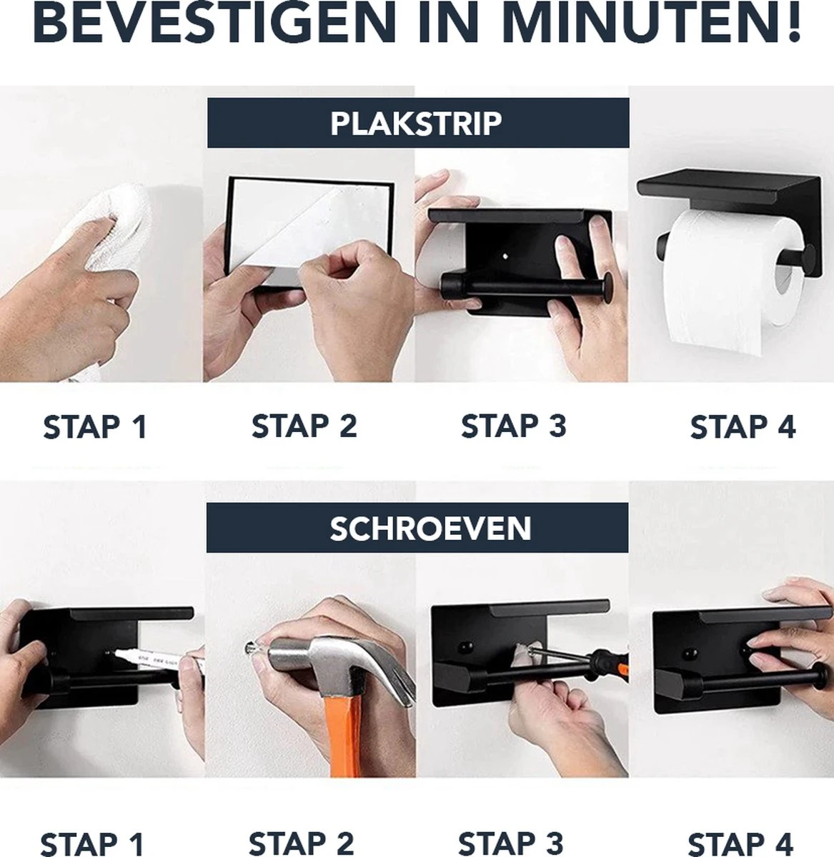 Toiletrolhouder Met Plankje - Zelfklevend Of Boren - WC Rolhouder - Incl. Handdoekhaakjes - Zwart - Afbeelding 6