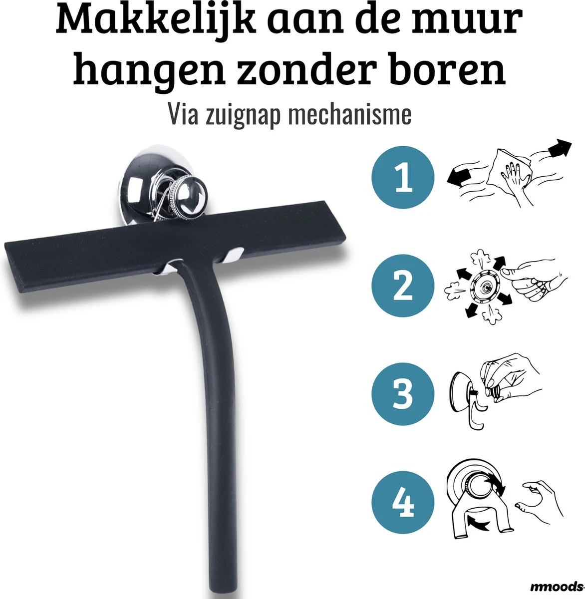 Mmoods Douchewisser Zwart - Douche Trekker Met Zuignap - Vloerwisser Badkamer - Vloertrekker RVS - Afbeelding 5