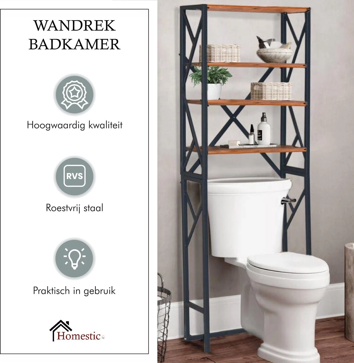 Homestic© - Ruimtebesparende Toiletmeubel - WC Plank, Badkamerplank Met 4 Open Vakken - Industrieel RVS Badkamermeubel - Zwart Staal / Hout - 170x54x24 CM - Afbeelding 4