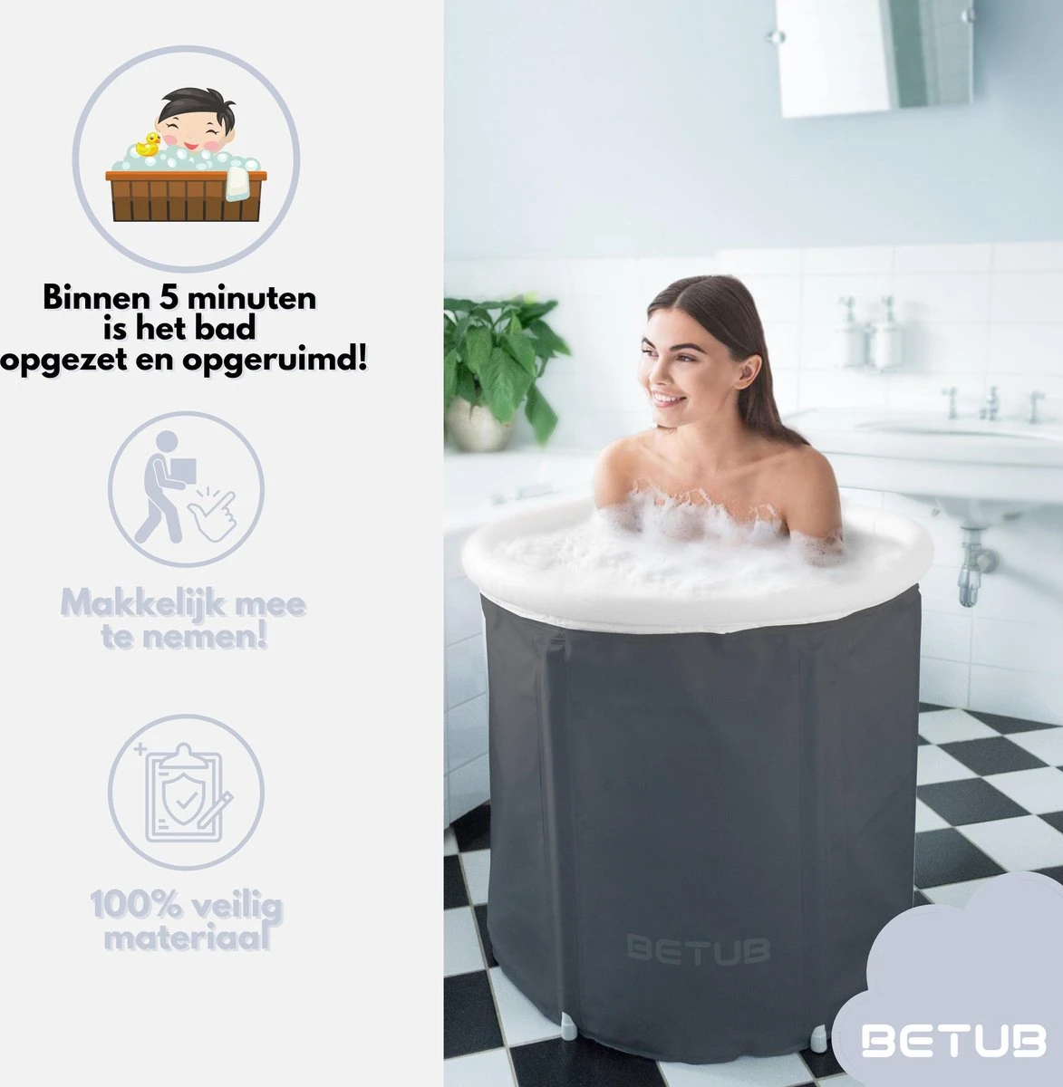 BETUB Zitbad Opvouwbare Badkuip Folding Bath Bathtub – Zit Zwembad – Ijsbad – Warm Bad – Ontspanning – Voor Onder De Douche – Tuin - Balkon Incl. Zitkussen - Afbeelding 8