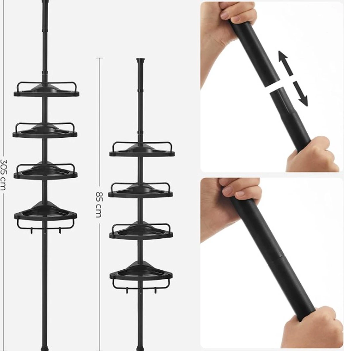 Verstelbaar Doucherek - 85-305 Cm - Van Vloer Tot Plafond - Met 4 Vakken - 3 Haken - Zwart - Afbeelding 6