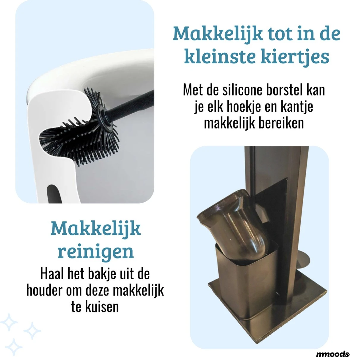 Mmoods Toiletbutler Zwart - WC Borstel Met Toiletrolhouder Vrijstaand - Toiletborstel Siliconen Industrieel Design Mmoods - Reserverolhouder Zonder Boren Staand Met Plankje RVS - Afbeelding 4
