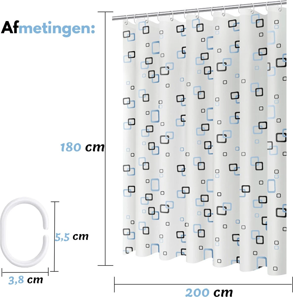 VAIVE Douchegordijn Blauw 180x200 - Anti Schimmel - Douchegordijnen - Ringen - Afbeelding 4