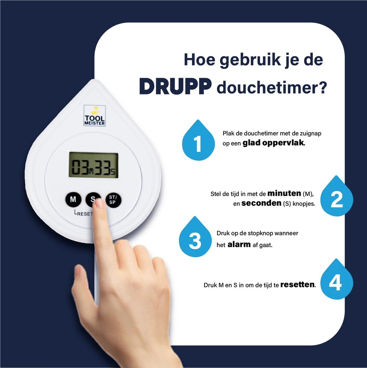 Tool Meister DRUPP - Douchetimer - Douche/Shower/Badkamer Timer & Klok - Coach - Waterdicht - Incl. Zuignap & Batterij - Afbeelding 6