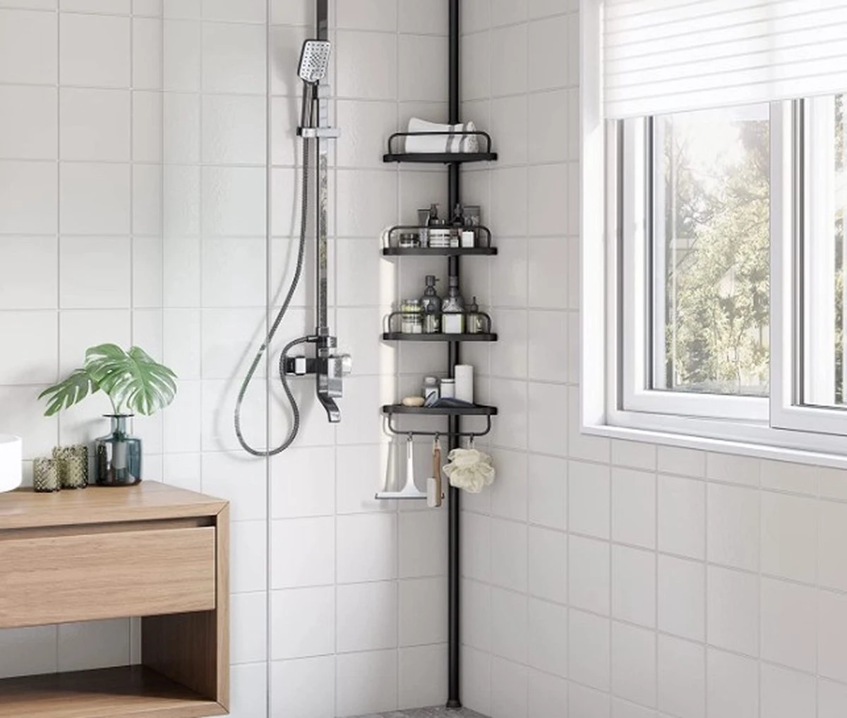 Verstelbaar Doucherek - 85-305 Cm - Van Vloer Tot Plafond - Met 4 Vakken - 3 Haken - Zwart - Afbeelding 9