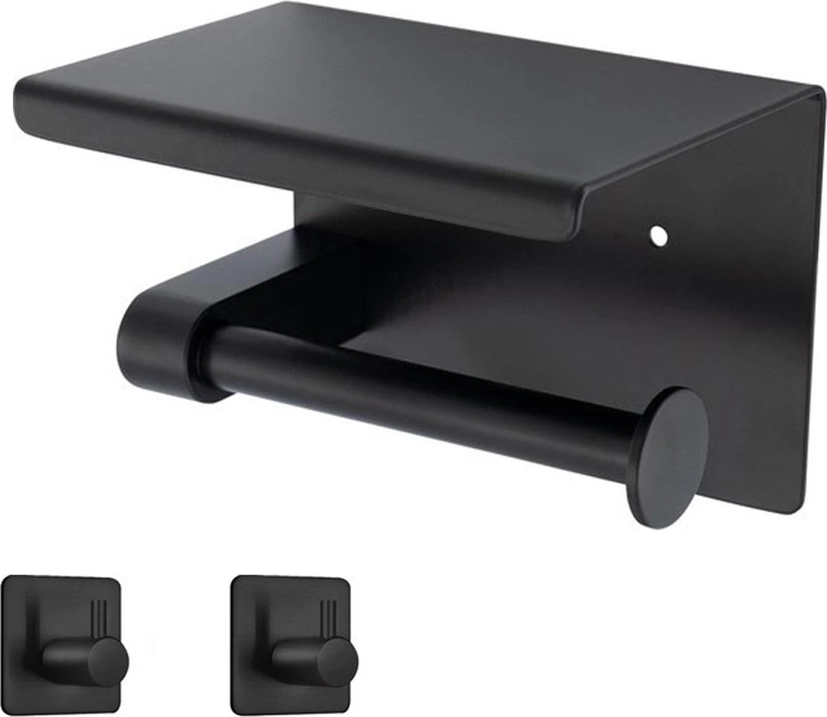 Toiletrolhouder Met Plankje - Zelfklevend Of Boren - WC Rolhouder - Incl. Handdoekhaakjes - Zwart - Afbeelding 4