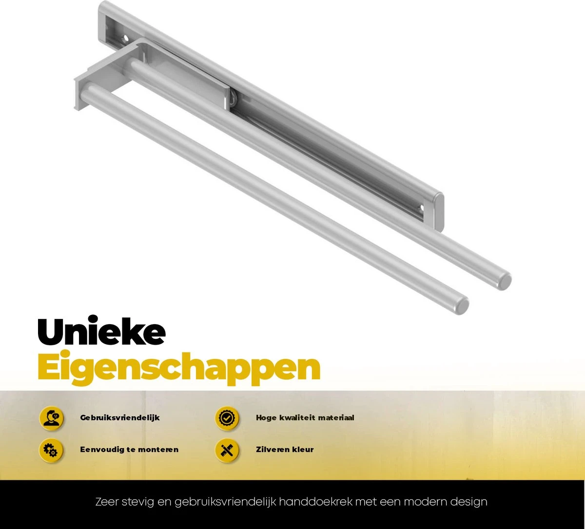 Eleganca Handdoekrek – Handdoekhouder Keuken – Handdoekstang – Ideaal Voor In Keukenkastjes – 44cm Uittrekbaar – 2 Armen – Handdoekrek Badkamer – Inclusief Bevestigingsmateriaal – Hoge Kwaliteit Aluminium – Zilver - Afbeelding 4