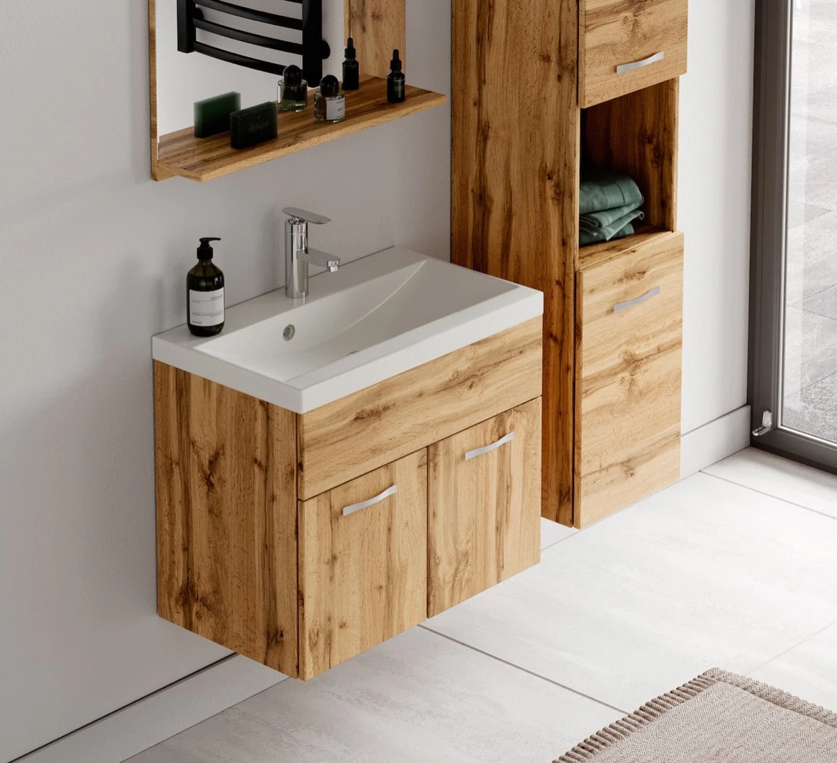 Badplaats Badkamermeubel Set Montreal 60 Cm X 35 Cm - Eiken - Badmeubel Met Spiegel En Zijkast - Afbeelding 6