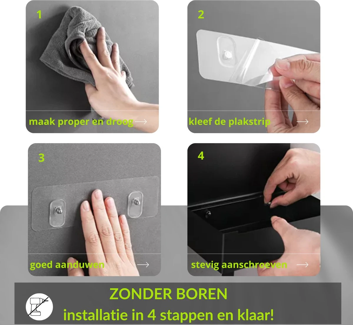 1FORME | Toiletrolhouder | WC-rolhouder | Met Plankje / Plateau | Met Opbergvak Vochtige Doekjes | RVS Zwart | Met Of Zonder Boren | - Afbeelding 10