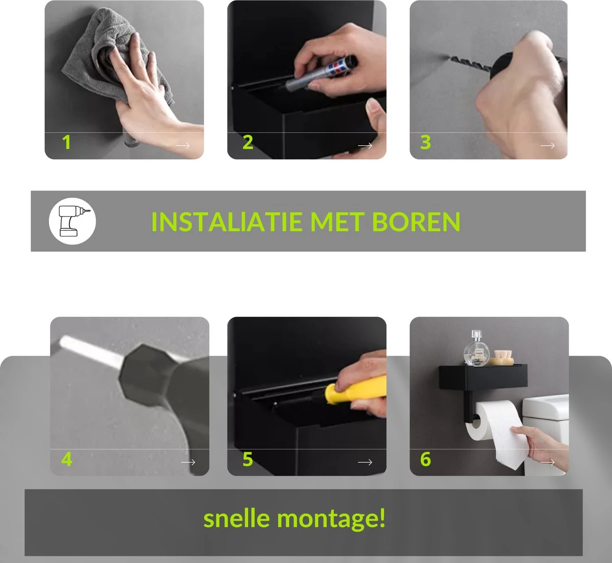 1FORME | Toiletrolhouder | WC-rolhouder | Met Plankje / Plateau | Met Opbergvak Vochtige Doekjes | RVS Zwart | Met Of Zonder Boren | - Afbeelding 9