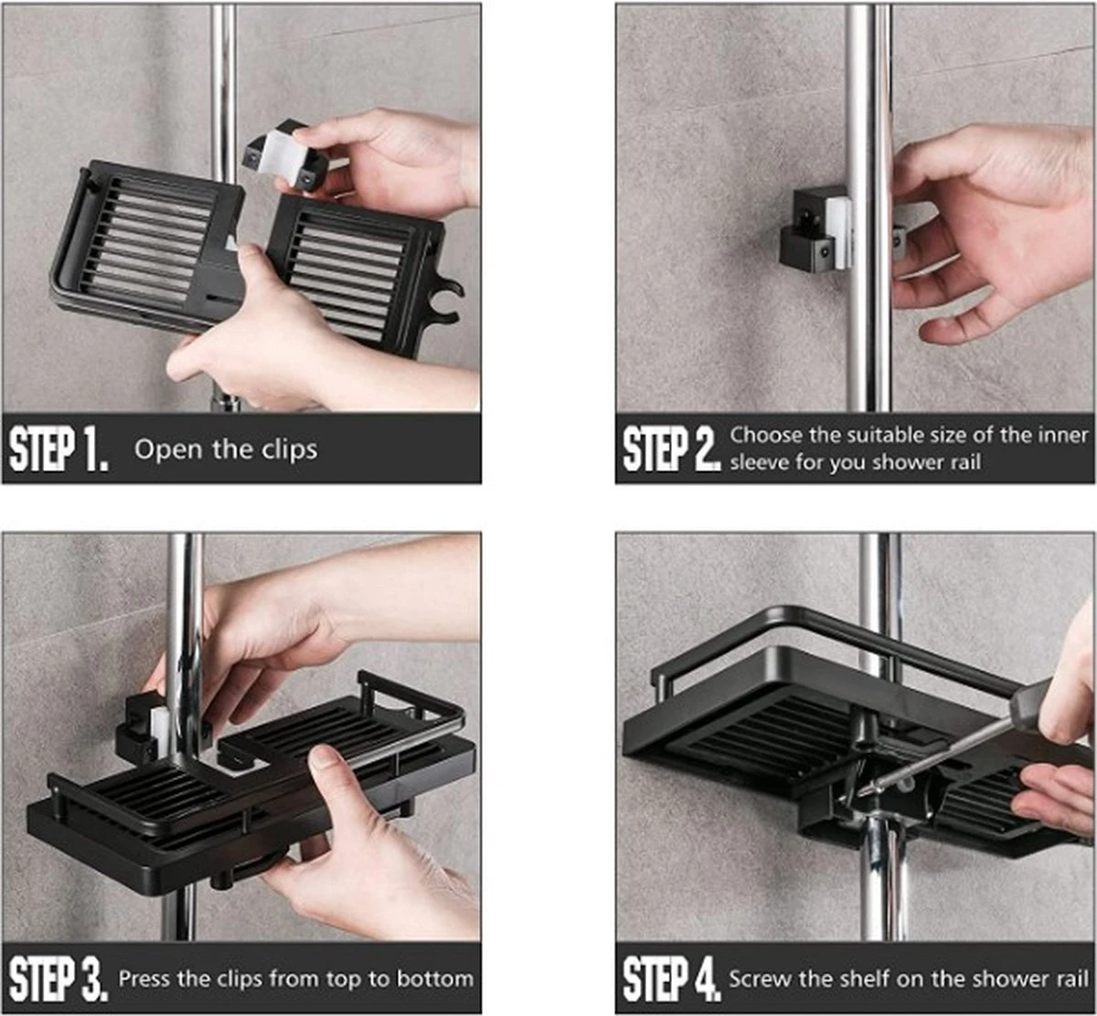 Merkloos Doucherek Zonder Boren Voor Douchestang Van 22 Tot 24 Mm – Doucherek Zwart – Doucherek Hangend – Badkamer Organizer – Douche Organizer - Doucherekje - Doucherekje Zonder Boren - Shampo Organizer - Afbeelding 6