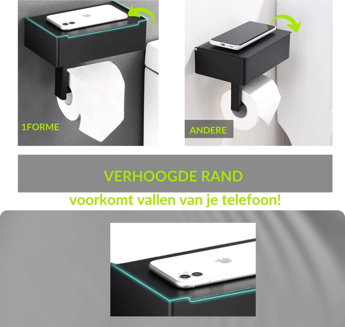 1FORME | Toiletrolhouder | WC-rolhouder | Met Plankje / Plateau | Met Opbergvak Vochtige Doekjes | RVS Zwart | Met Of Zonder Boren | - Afbeelding 2