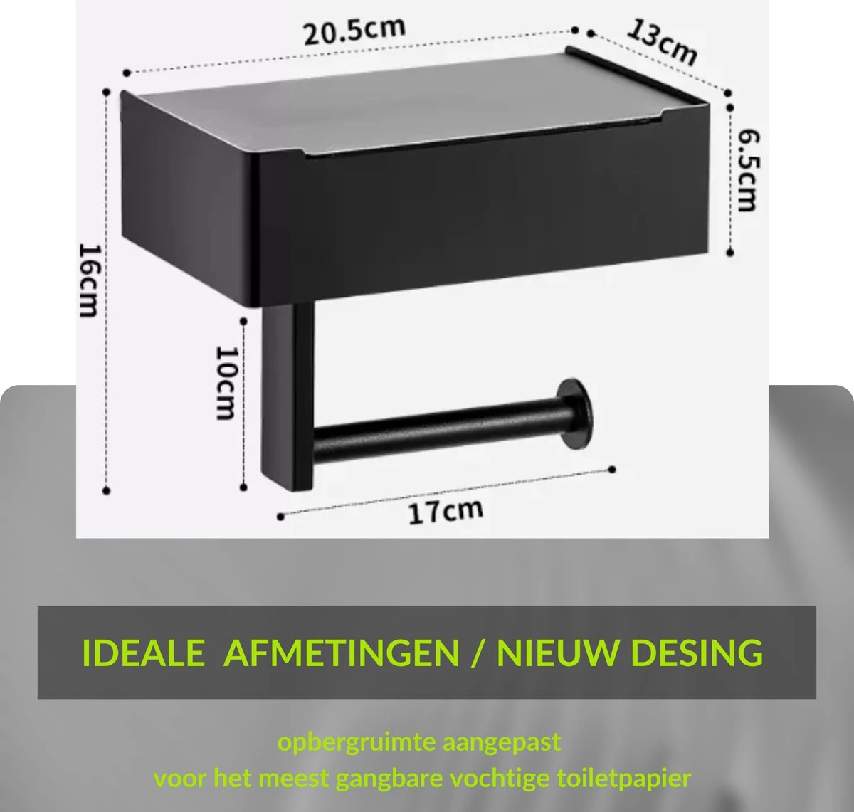 1FORME | Toiletrolhouder | WC-rolhouder | Met Plankje / Plateau | Met Opbergvak Vochtige Doekjes | RVS Zwart | Met Of Zonder Boren | - Afbeelding 3