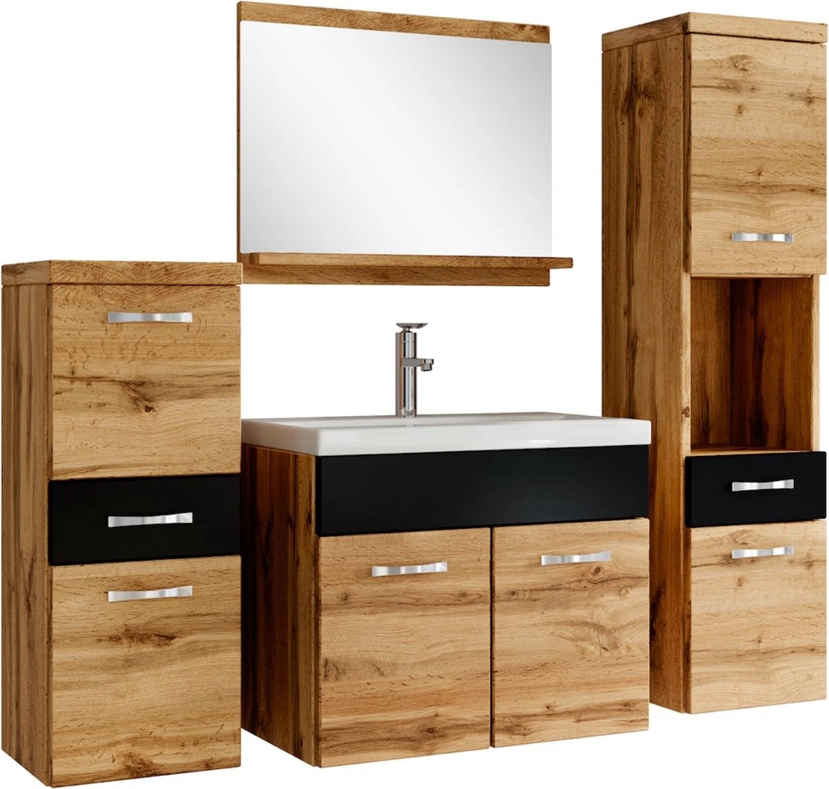 Badmeubelset Alba 60cm Zwart Met Eiken Compleet Badkamermeubel - Afbeelding 2