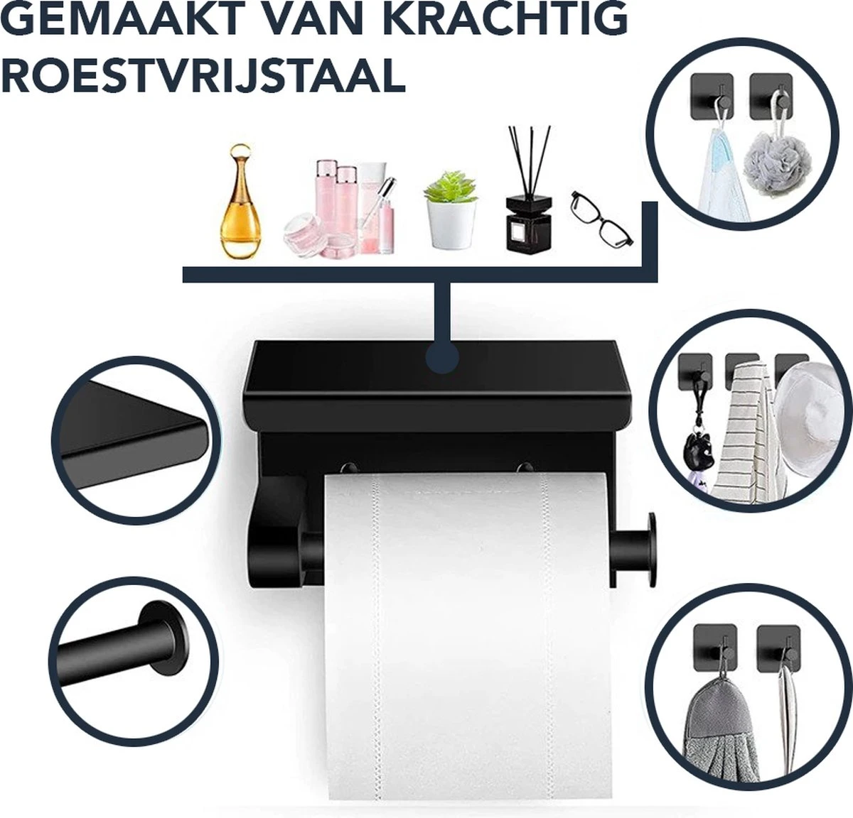 Toiletrolhouder Met Plankje - Zelfklevend Of Boren - WC Rolhouder - Incl. Handdoekhaakjes - Zwart - Afbeelding 2