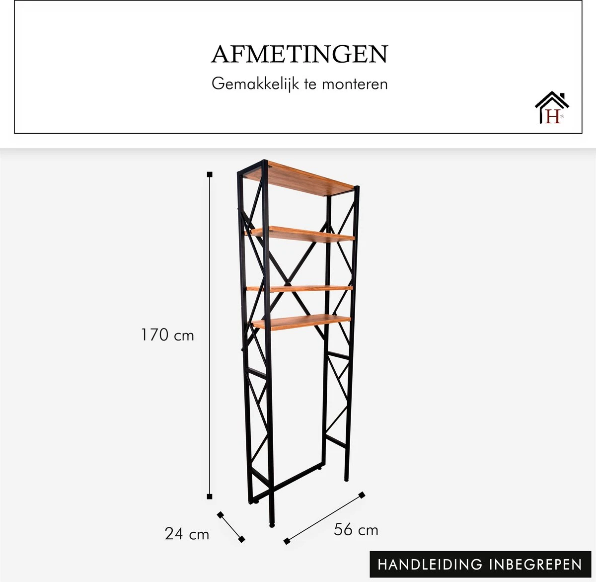 Homestic© - Ruimtebesparende Toiletmeubel - WC Plank, Badkamerplank Met 4 Open Vakken - Industrieel RVS Badkamermeubel - Zwart Staal / Hout - 170x54x24 CM - Afbeelding 2