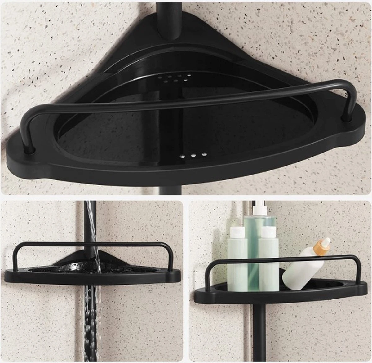 Verstelbaar Doucherek - 85-305 Cm - Van Vloer Tot Plafond - Met 4 Vakken - 3 Haken - Zwart - Afbeelding 7