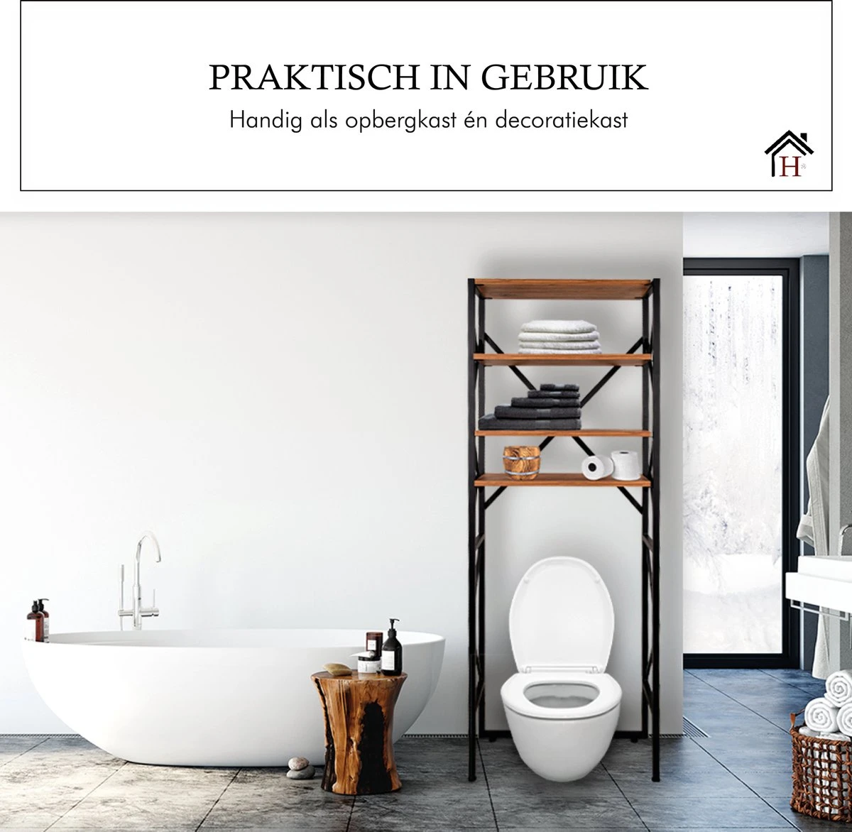 Homestic© - Ruimtebesparende Toiletmeubel - WC Plank, Badkamerplank Met 4 Open Vakken - Industrieel RVS Badkamermeubel - Zwart Staal / Hout - 170x54x24 CM - Afbeelding 5