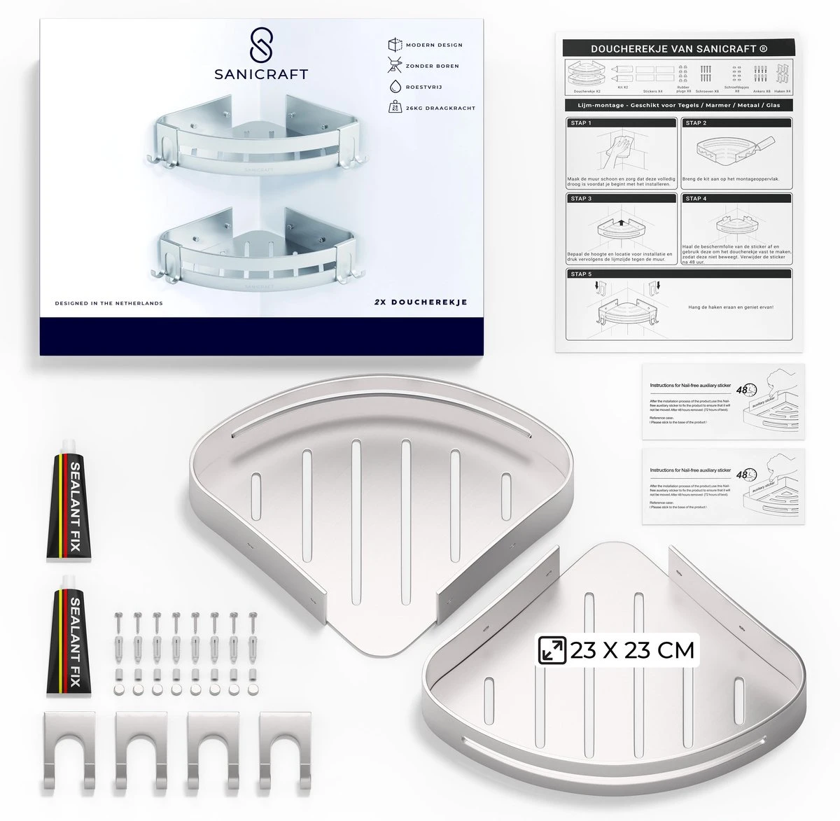 Sanicraft® Doucherekje - Doucherekje Zonder Boren - Geschikt Voor Elk Type Muur - Doucherekje Hangend - Doucheplank - Doucherekje Hoek - Doucherekje Zilver - Afbeelding 5