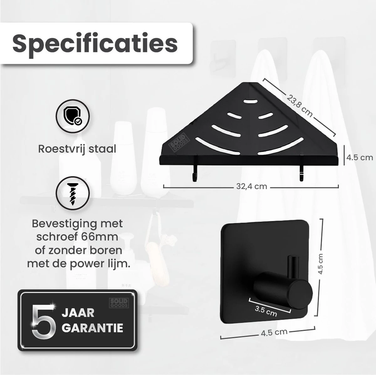Dubbele Doucherek Zwart Zonder Boren – Sterke Lijmbasis - Badkamer Rek – Hoek – Doucherekjes – Incl. Schroeven – Incl. 2 Haken - Afbeelding 9