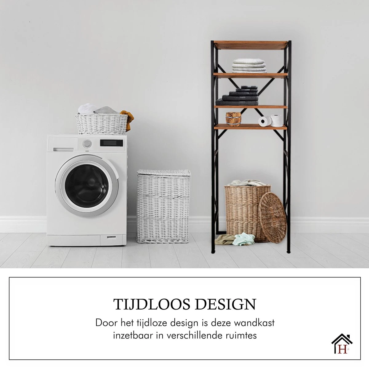 Homestic© - Ruimtebesparende Toiletmeubel - WC Plank, Badkamerplank Met 4 Open Vakken - Industrieel RVS Badkamermeubel - Zwart Staal / Hout - 170x54x24 CM - Afbeelding 6