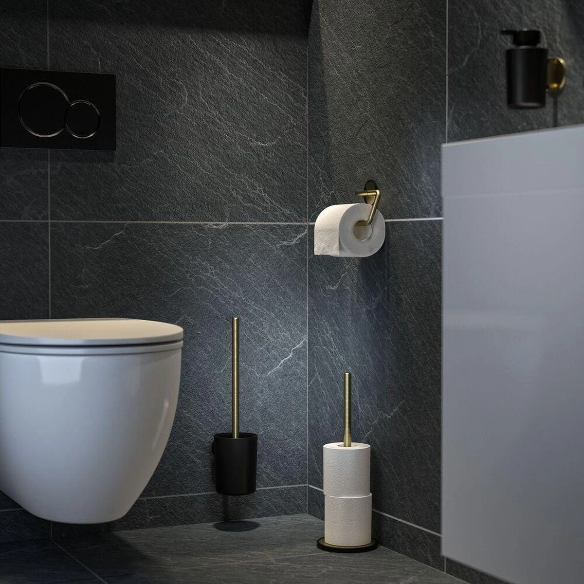 Tiger Tune - Toiletaccessoireset - Toiletborstel Met Houder - Toiletrolhouder Zonder Klep - Handdoekhaak – Messing Geborsteld / Zwart - Afbeelding 8