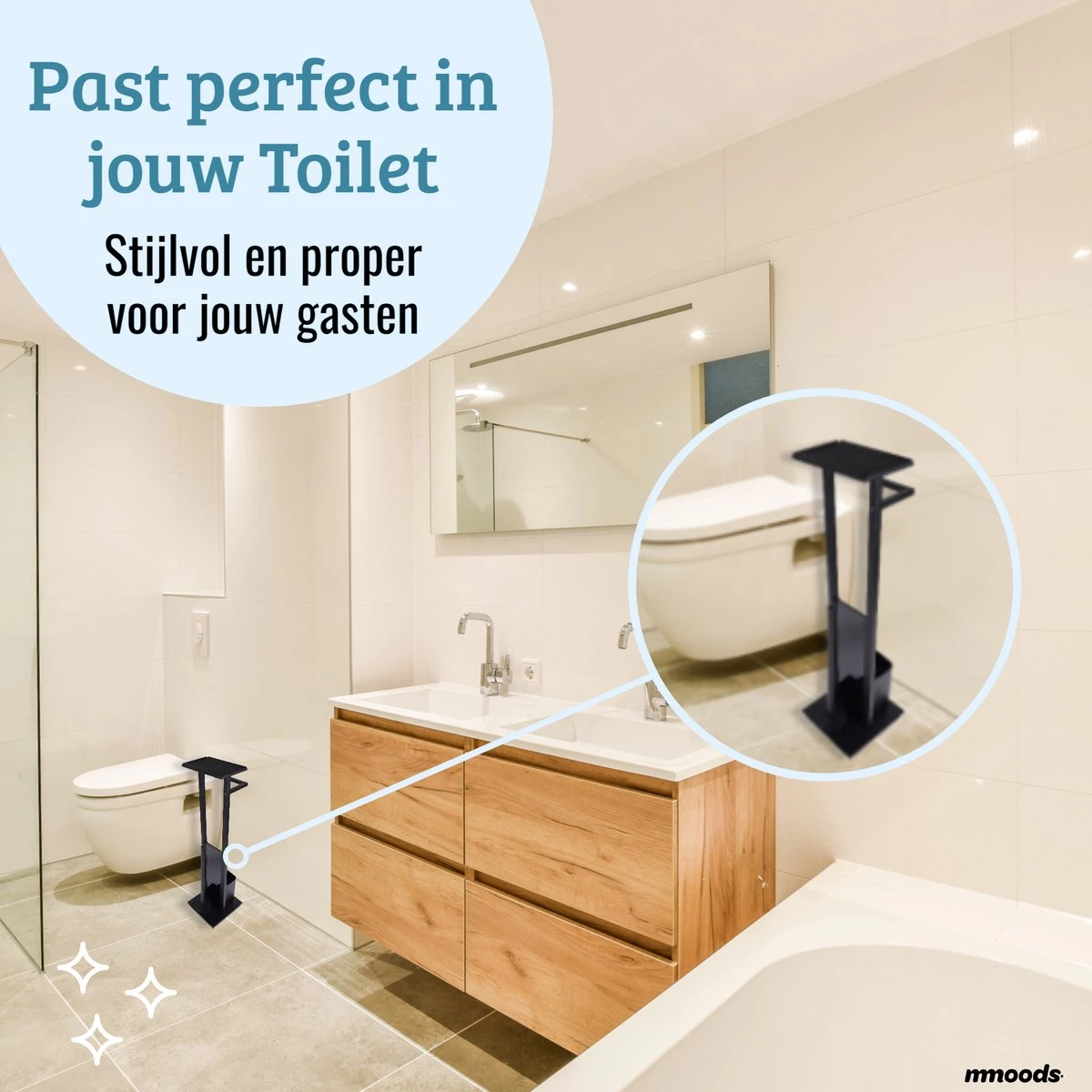 Mmoods Toiletbutler Zwart - WC Borstel Met Toiletrolhouder Vrijstaand - Toiletborstel Siliconen Industrieel Design Mmoods - Reserverolhouder Zonder Boren Staand Met Plankje RVS - Afbeelding 5