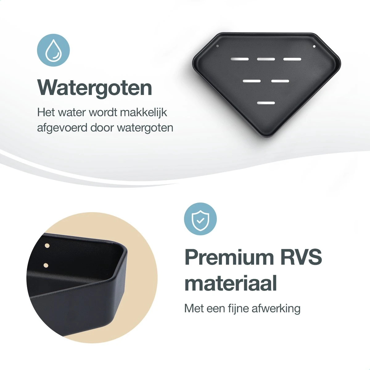 ACE Goods® Doucherek Zwart Hangend – Badkamerrek – Doucherek 2 Laags – Badkamerrekje Hoekrek Douche – Inclusief Haakjes - Afbeelding 4