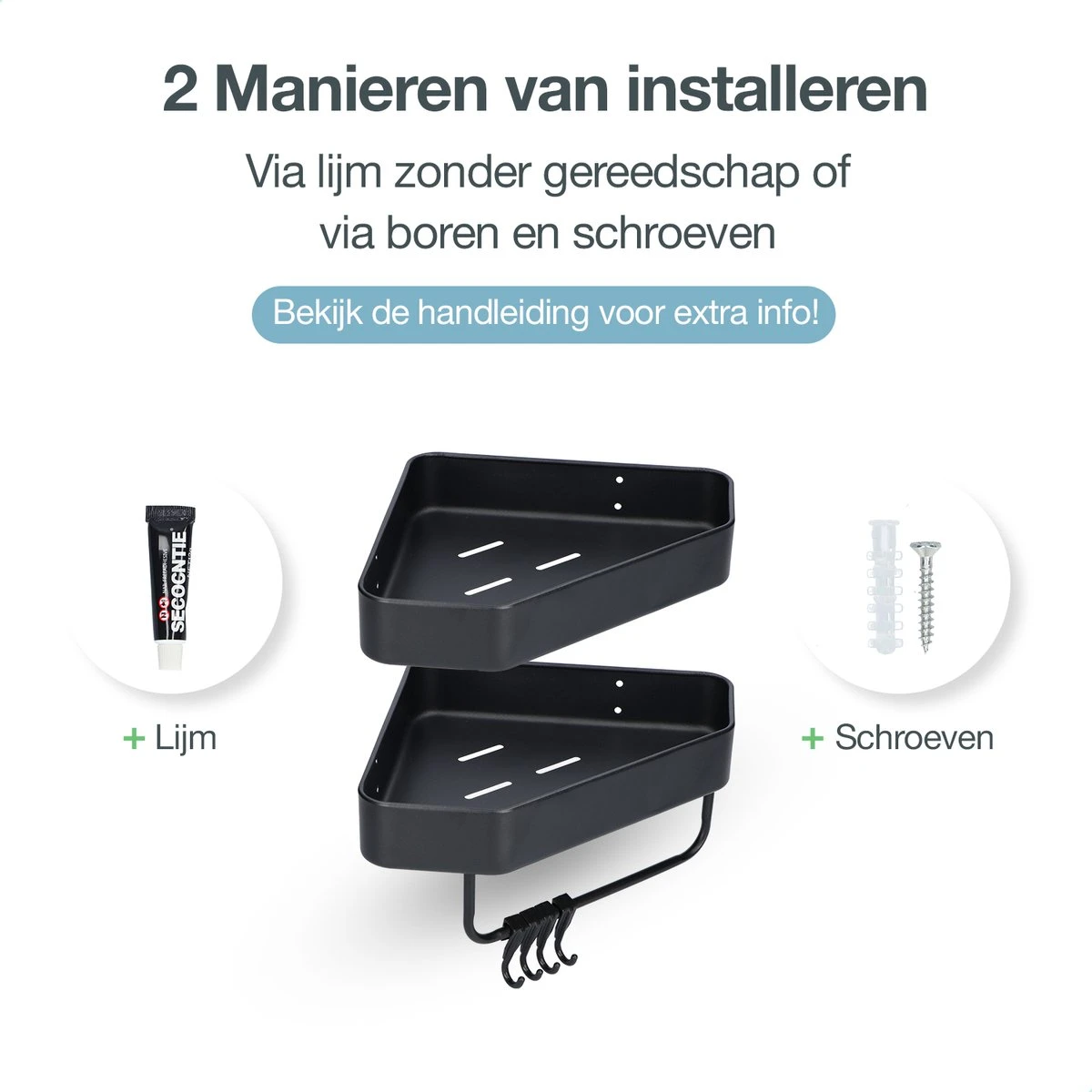 ACE Goods® Doucherek Zwart Hangend – Badkamerrek – Doucherek 2 Laags – Badkamerrekje Hoekrek Douche – Inclusief Haakjes - Afbeelding 5