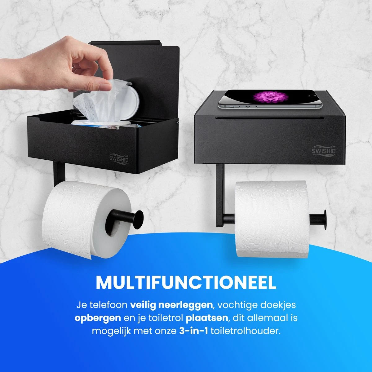 Toiletrolhouder Met Plankje En Bakje - WC Rolhouder Zwart - Opbergvak - Zelfklevend - Zonder Boren - RVS - Afbeelding 2