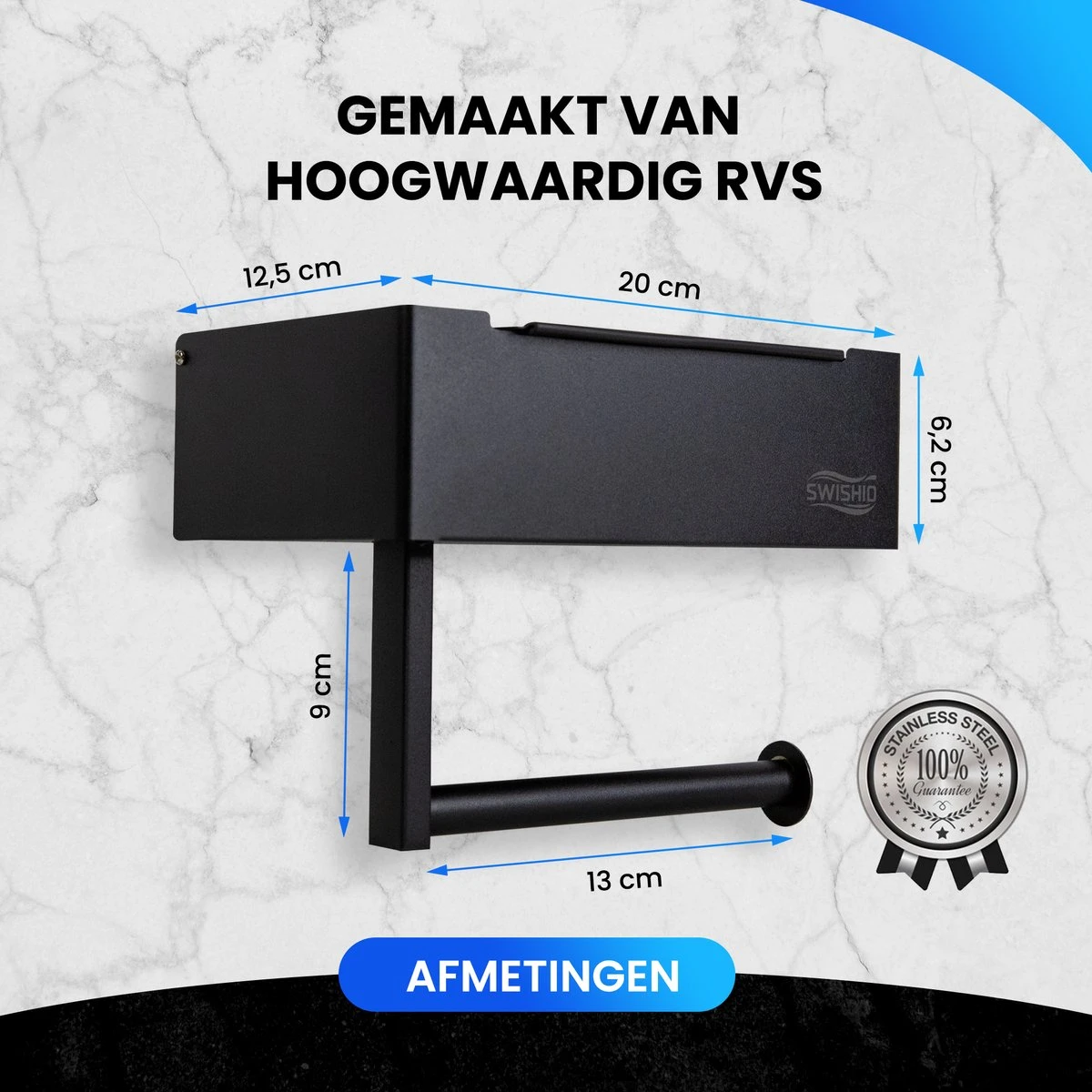 Toiletrolhouder Met Plankje En Bakje - WC Rolhouder Zwart - Opbergvak - Zelfklevend - Zonder Boren - RVS - Afbeelding 3