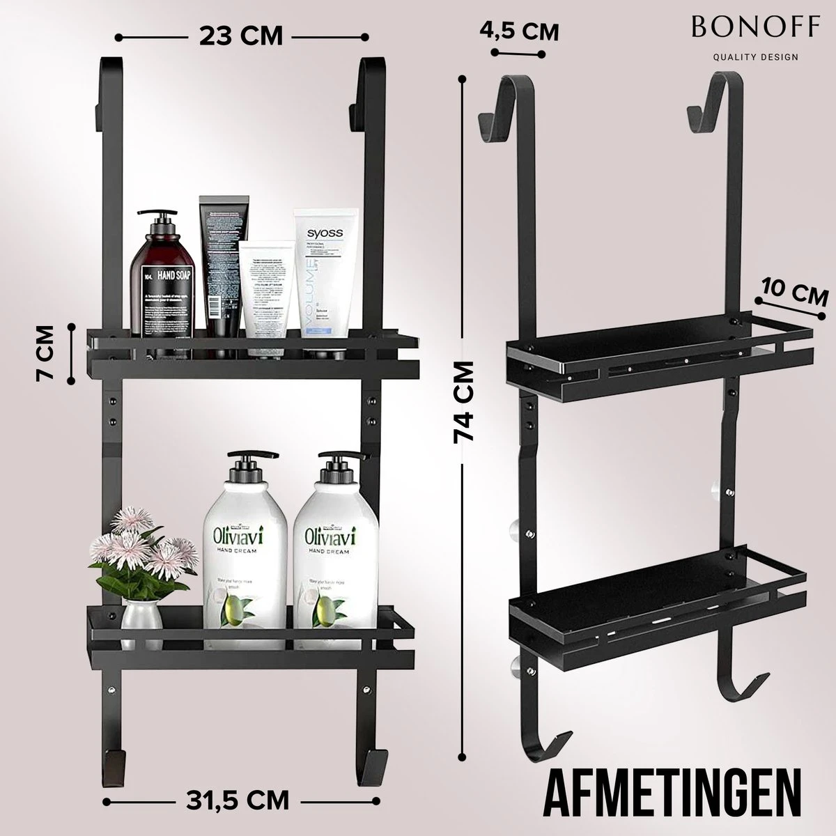 Bonoff Doucherek Zwart – 2 Laags - Doucherek Zonder Boren - Zwart – Doucherek Hangend - Badkamerrek –RVS – Badkamer Accessoires – Stijlvol - Afbeelding 2