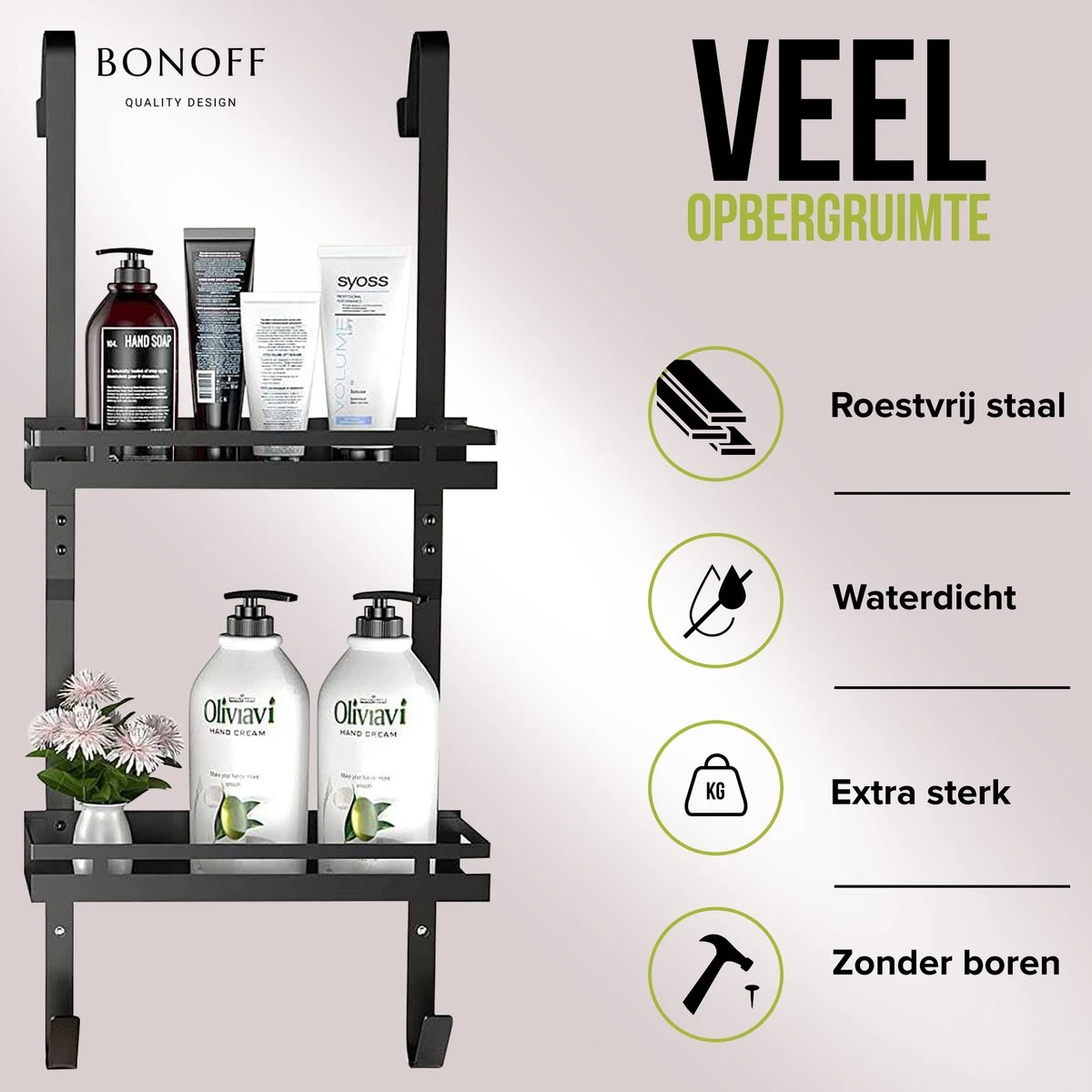 Bonoff Doucherek Zwart – 2 Laags - Doucherek Zonder Boren - Zwart – Doucherek Hangend - Badkamerrek –RVS – Badkamer Accessoires – Stijlvol - Afbeelding 3
