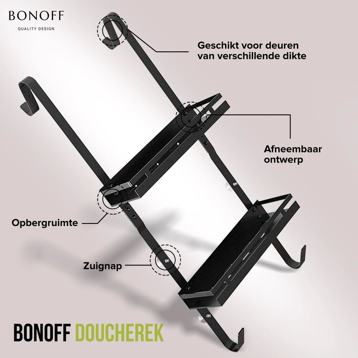 Bonoff Doucherek Zwart – 2 Laags - Doucherek Zonder Boren - Zwart – Doucherek Hangend - Badkamerrek –RVS – Badkamer Accessoires – Stijlvol - Afbeelding 5