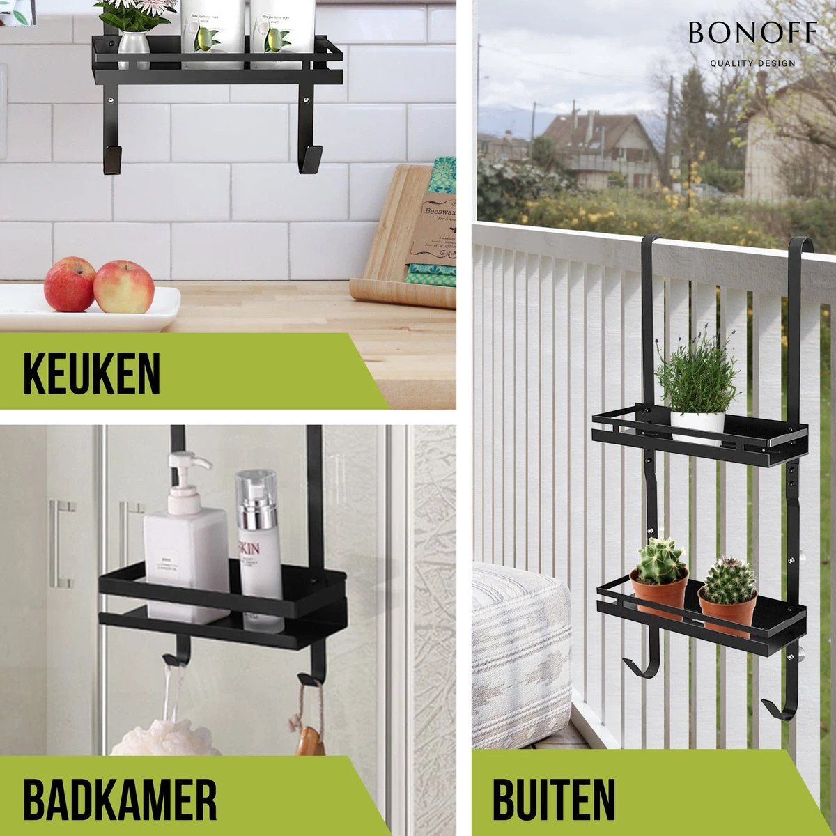 Bonoff Doucherek Zwart – 2 Laags - Doucherek Zonder Boren - Zwart – Doucherek Hangend - Badkamerrek –RVS – Badkamer Accessoires – Stijlvol - Afbeelding 9
