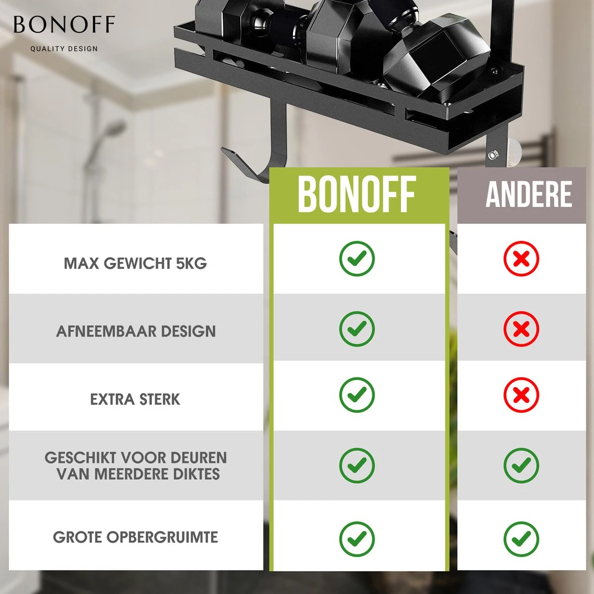 Bonoff Doucherek Zwart – 2 Laags - Doucherek Zonder Boren - Zwart – Doucherek Hangend - Badkamerrek –RVS – Badkamer Accessoires – Stijlvol - Afbeelding 11