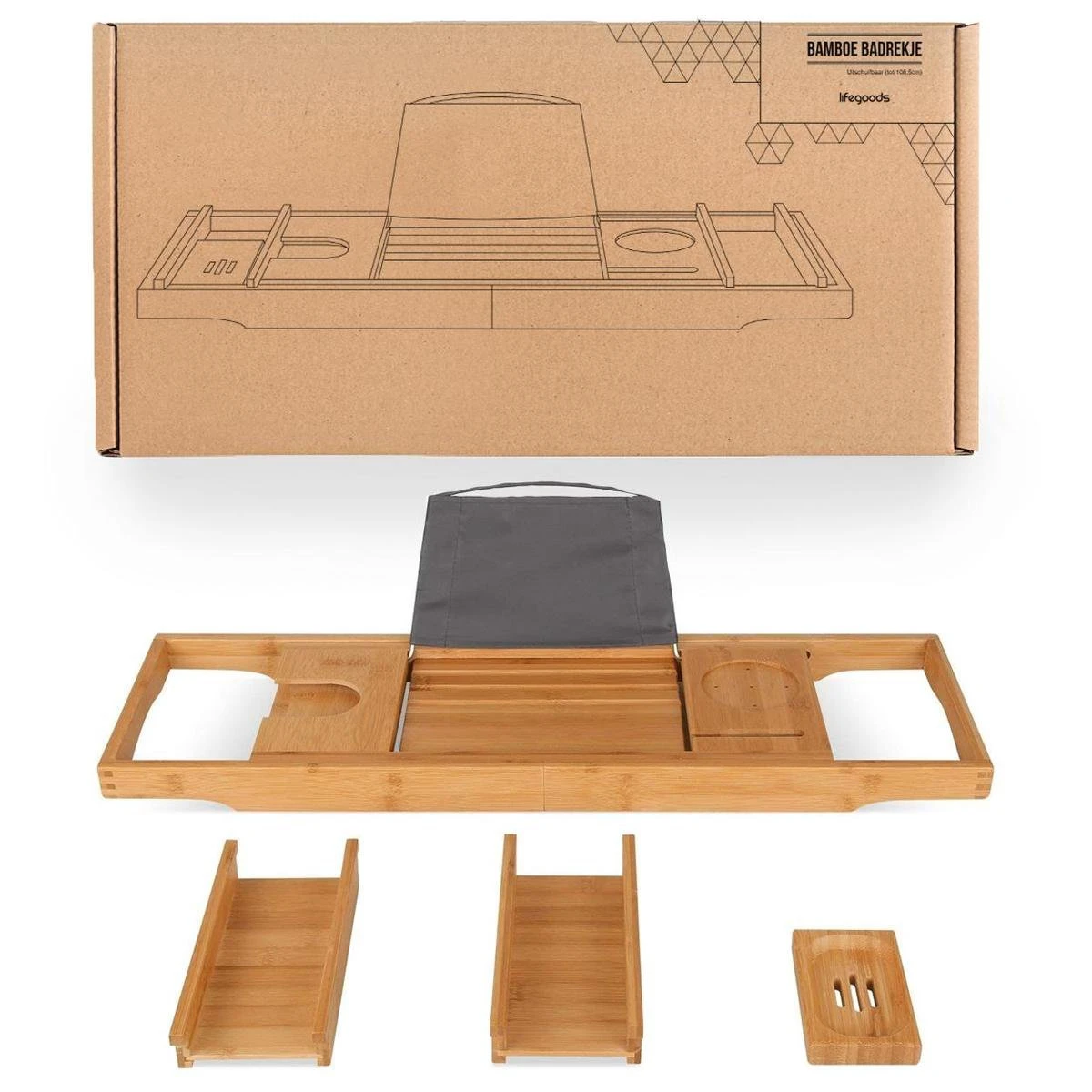 LifeGoods Badplank - Uitschuifbaar - Voor In Bad - 74.5 Tot 108.5 Cm - Met Houder - Hout - Afbeelding 8