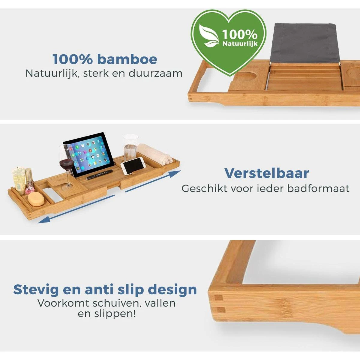 LifeGoods Badplank - Uitschuifbaar - Voor In Bad - 74.5 Tot 108.5 Cm - Met Houder - Hout - Afbeelding 9