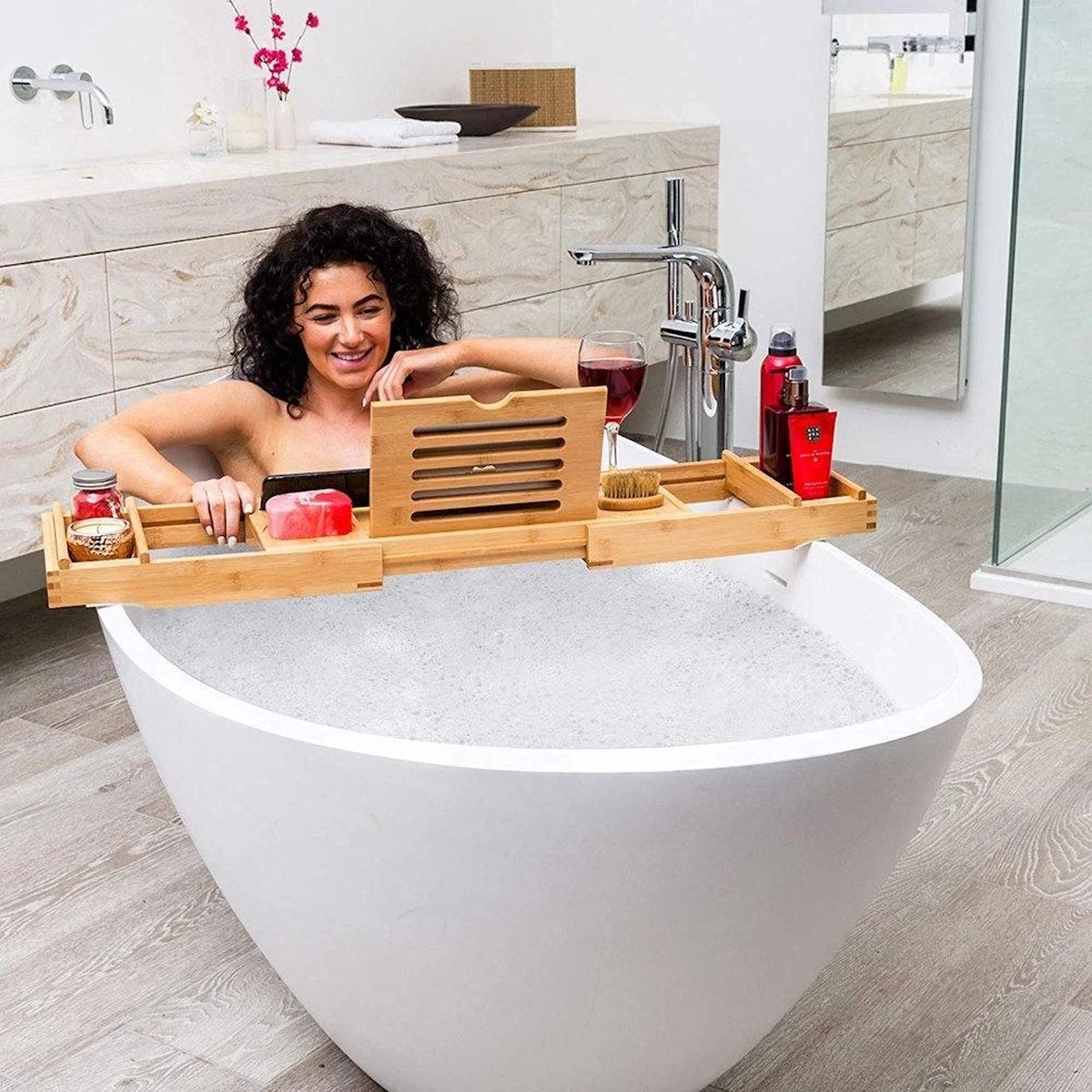 Merkloos Decopatent® Luxe Badplank - Badrekje - Uitschuifbaar 75 Tot 110 Cm - Boekenhouder - Tablethouder - Bamboe Hout Badplankje - Badrek - Afbeelding 3